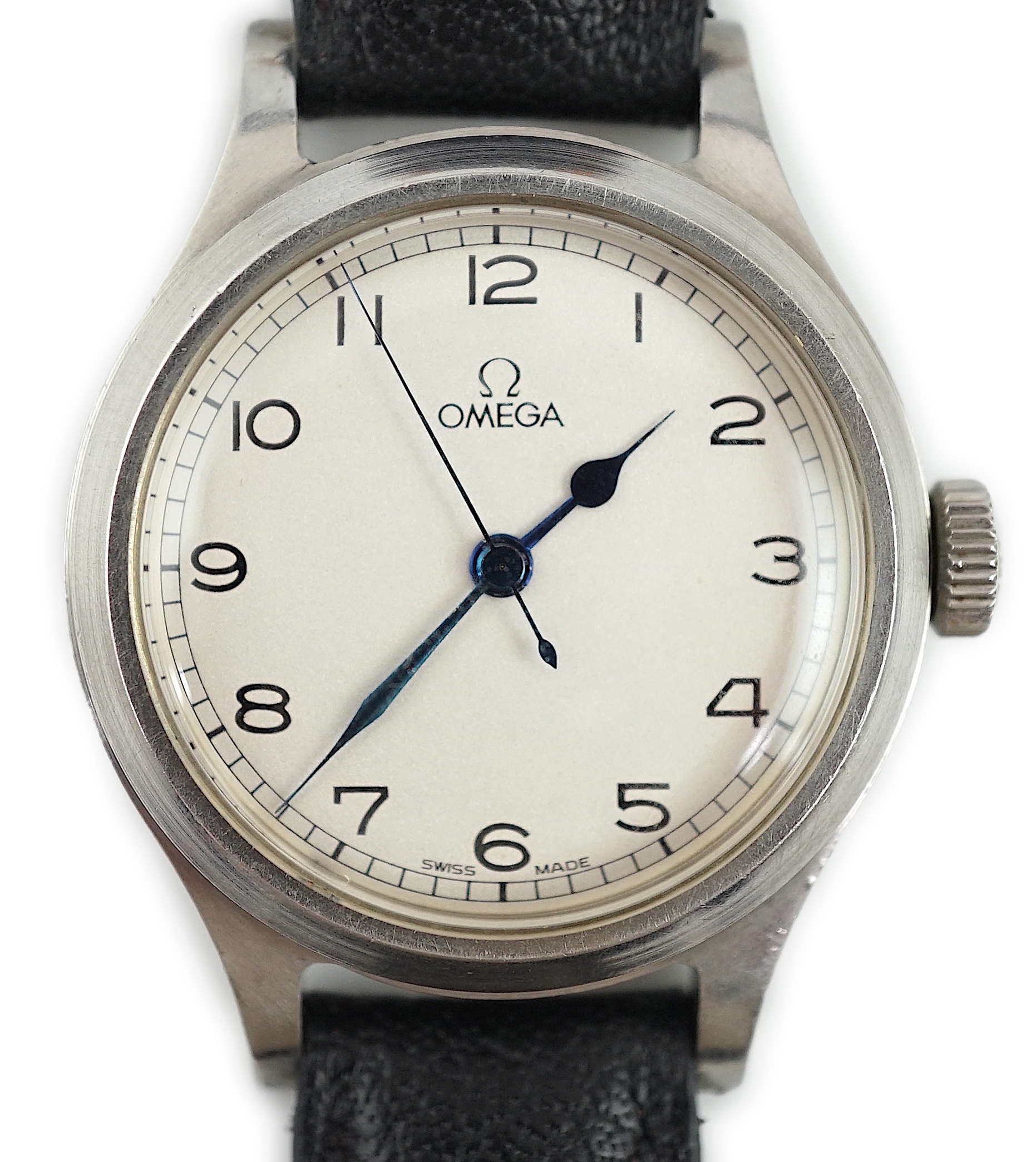 A gentleman's 1956 stainless steel British Military Issue Omega RAF Pilot's manual wind white dial wrist watch
